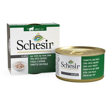 Schesir (Шезир) Tuna & Chicken - Консервированный корм с тунцом и курицей для взрослых котов (кусочки в желе) 85 г