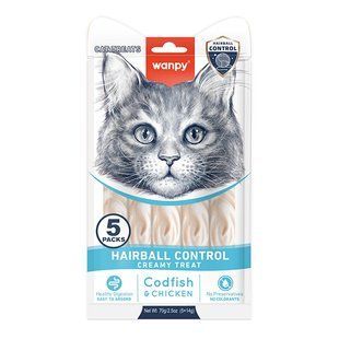 Wanpy (Ванпі) functional creamy lickable treat hairball control - ласощі виведення вовни функціональні рідкі для котів, 70 г, в упаковці 5 стіків по 14 г