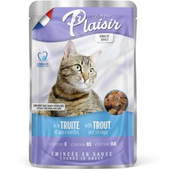 Plaisir (Плєзір) Adult Sterilized Cat Trout&Shrimps Chunks In Gravy- Повнораціонний вологий корм з фореллю та креветками для дорослих стерилізованих котів (шматочки в соусі) 100 г