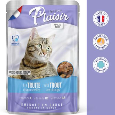 Plaisir (Плєзір) Adult Sterilized Cat Trout&Shrimps Chunks In Gravy- Повнораціонний вологий корм з фореллю та креветками для дорослих стерилізованих котів (шматочки в соусі) 100 г