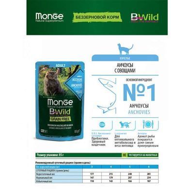 Monge (Монж) BWild Grain Free Wet Anchovies Adult Cat - Влажный беззерновой корм из анчоусов с овощами для взрослых кошек (кусочки в соусе) 85 г