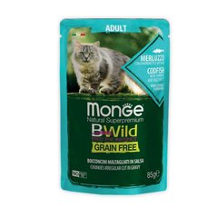 Monge (Монж) BWild Grain Free Wet Cod Fish Adult Cat - Влажный беззерновой корм из трески с креветками и овощами для взрослых кошек (кусочки в соусе) 85 г