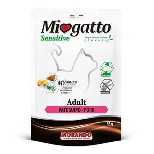 Morando (Морандо) Miogatto Sensitive Adult Pork - Монопротеиновый влажный корм с прошуто для взрослых котов с чувствительным пищеварением (паштет) 85 г