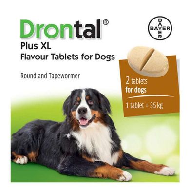 Drontal Plus XL (Дронтал Плюс Ікс Ель) від Bayer Animal - Антигельмінтні пігулки для собак зі смаком м'яса (2 пігулки) 2 шт. / 35 кг