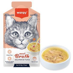 Wanpy (Ванпи) meat broth salmon&tuna - лакомство суп с лососем и тунцом беззерновой жидкий корм для кошек, пауч 50 г