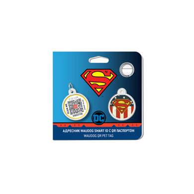 Адресник для собак и котов металлический WAUDOG Smart ID c QR паспортом, рисунок "Супермен Америка", круг, Д 25 мм, Русско-английский