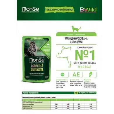 Monge (Монж) BWild Grain Free Wet Wild Boar Sterilized Adult Cat - Влажный беззерновой корм из мяса дикого кабана для стерилизованных кошек (кусочки в соусе) 85 г