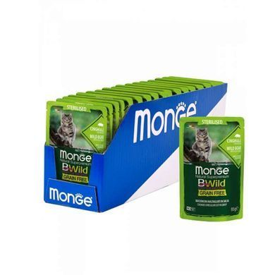Monge (Монж) BWild Grain Free Wet Wild Boar Sterilized Adult Cat - Влажный беззерновой корм из мяса дикого кабана для стерилизованных кошек (кусочки в соусе) 85 г