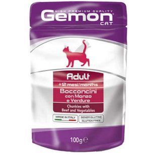 Gemon (Джемон) Cat Adult Chunkies with Beef&Vegetables - Вологий корм з яловичиною та овочами для дорослих котів (шматочки в желе) 100 г