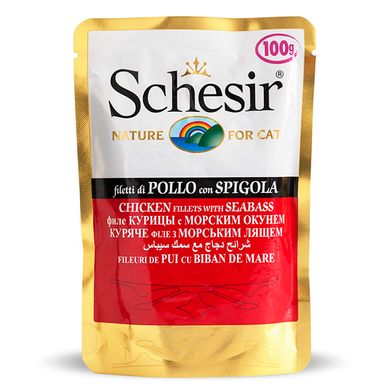 Schesir (Шезір) Chicken & Seabass - Консервований корм з курячим філе та морським окунем для котів (шматочки в желе) 100 г
