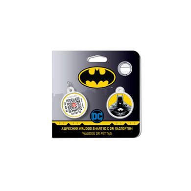 Адресник для собак и котов металлический WAUDOG Smart ID c QR паспортом, рисунок "Бэтмен желтый", круг, Д 25 мм, Русско-английский