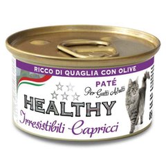 Healthy (Хэлси) Irresistibili Capricci - Консервированный корм с перепёлкой и оливками для требовательных котов (паштет) 85 г