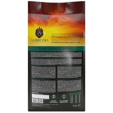 Ambrosia (Амброзія) Grain Free - Сухий беззерновий корм зі свіжою індичкою та лососем для старіючих собак, 2 кг
