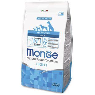 Monge (Монж) Dog All breeds Adult Light - Низкокалорийный корм с лососем и рисом для взрослых собак всех пород, 12 кг