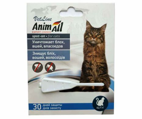 AnimAll VetLine (ЕнімАлл ВетЛайн) Spot-On - Протипаразитарні краплі на холку від бліх і кліщів для котів до 4 кг
