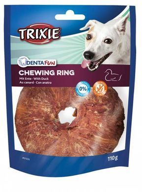 Trixie (Тріксі) Denta Fun Duck Chewing Rings &ndash; Жувальне кільце з сиром&rsquo;ятної яловичої шкіри, обгорнуте м&rsquo;ясом качки, 100 г