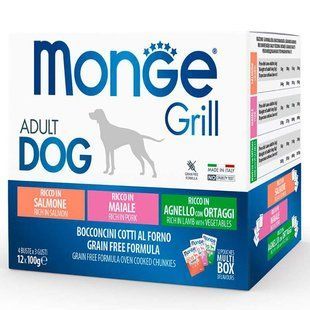 Monge (Монж) Grill Adult Dog Multipack Lamb&Pork&Salmon &ndash; Набор паучей с ягненком и овощами, свининой, лососем для собак крупных пород 12х100 г