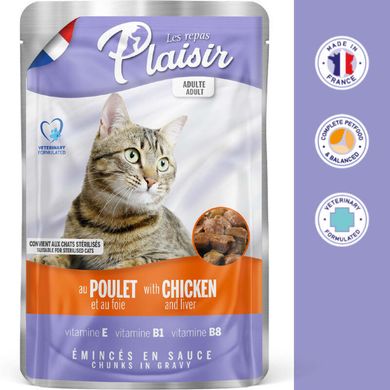 Plaisir (Плезир) Adult Sterilized Cat Chicken&Liver Chunks In Gravy - Полнорационный влажный корм с курицей и печенью для взрослых стерилизованных котов (кусочки в соусе) 100 г