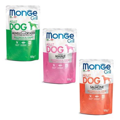 Monge (Монж) Grill Adult Dog Multipack Lamb&Pork&Salmon – Набор паучей с ягненком и овощами, свининой, лососем для собак крупных пород 12х100 г