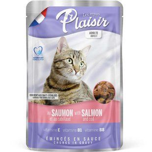 Plaisir (Плєзір) Adult Sterilized Cat Salmon&Cod Chunks In Gravy - Повнораціонний вологий корм з лососем та тріскою для дорослих стерилізованих котів (шматочки в соусі) 100 г