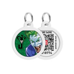Адресник для собак и котов металлический WAUDOG Smart ID c QR паспортом, рисунок "Джокер зеленый", круг, Д 25 мм, Русско-английский