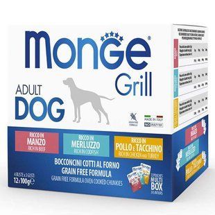 Monge (Монж) Grill Multipack Chicken&Turkey&Beef&Cod Fish &ndash; Набор паучей с курицей, индейкой, говядиной, треской для собак крупных пород 12х100 г