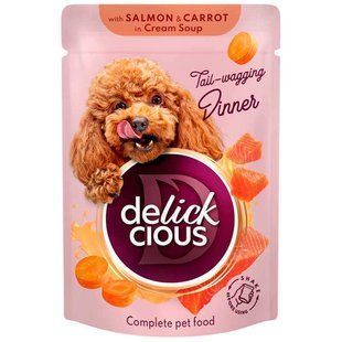 Delickcious (Деликшес) Salmon & Carrot in Cream Soup - Полнорационный консервированный корм Полоски с лососем и морковью в крем-супе для взрослых собак, 85 г