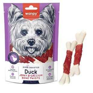 Wanpy (Ванпи) duck jerky & calcium bone twists - кость с вяленой уткой и кальцием лакомство для собак, 100 г