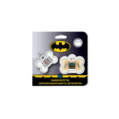 Адресник для собак и котов металлический WAUDOG Smart ID c QR паспортом, рисунок "Бэтмен винтаж", кость, Д 40 мм, Ш 28 мм