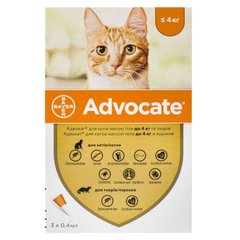 Advocate (Адвокат) by Bayer Animal - Противопаразитарные капли для котов от блох, вшей, клещей, гельминтов (1 пипетка) менее 4 кг