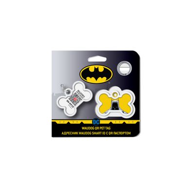 Адресник для собак и котов металлический WAUDOG Smart ID c QR паспортом, рисунок "Бэтмен желтый", кость, Д 40 мм, Ш 28 мм
