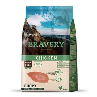 Bravery (Бравері) Chicken Puppy Large/Medium - Сухий беззерновий корм з куркою для щенков собак середніх та великих порід, 4 кг