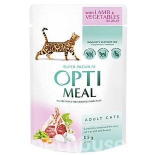 OptiMeal (ОптіМіл) With Lamb&Vegetables in Jelly &ndash; Консервований корм з ягням і овочами для котів (шматочки в желе) 85 г