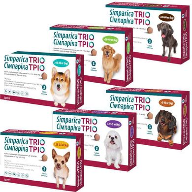 Simparica TRIO (Симпарика ТРИО) - Противопаразитарные жевательные таблетки от блох, гельминтов и клещей для собак (1 таблетка) 1,25-2,5 кг