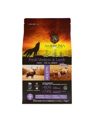 AMBROSIA (Амброзиа) Grain free dog adult Venison and Lamb - Сухой корм для взрослых собак всех пород со свежей олениной и ягненком 2 кг