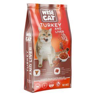 Wise Cat Turkey and Liver - Сухой полноценный корм с индейкой и печенью для взрослых кошек, 10 кг