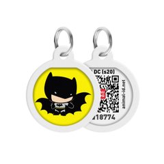 Адресник для собак и котов металлический WAUDOG Smart ID c QR паспортом, рисунок "Бэтмен мультик", круг, Д 25 мм, Русско-английский