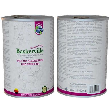 Baskerville (Баскервіль) Sensitive Wild Mit Blaubeeren und Spirulina - Консерви для собак з олениною, чорницею і спіруліною 400 г