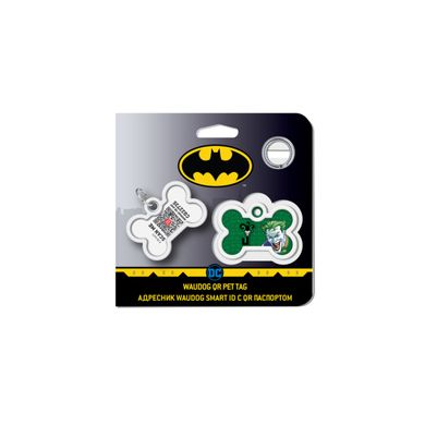 Адресник для собак и котов металлический WAUDOG Smart ID c QR паспортом, рисунок "Джокер зеленый", кость, Д 40 мм, Ш 28 мм