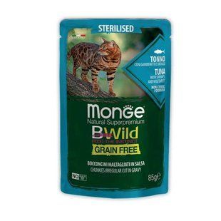 Monge (Монж) BWild Grain Free Wet Tuna with Shrimp Sterilized Adult Cat - Влажный беззерновой корм из тунца и креветок для стерилизованных котов (кусочки в соусе) 85 г