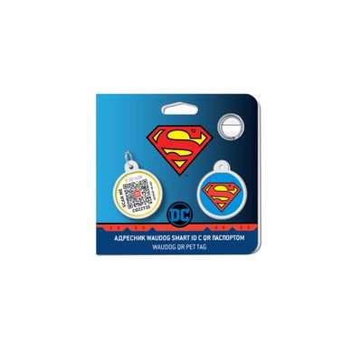 Адресник для собак и котов металлический WAUDOG Smart ID c QR паспортом, рисунок "Супермен-герой", круг, Д 25 мм, Русско-английский