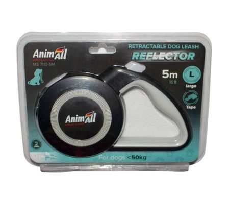 AnimAll (ЭнимАлл) Reflector - Поводок-рулетка для собак, лента (5 м, до 50 кг) L Серый / Черный