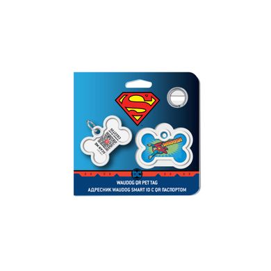 Адресник для собак и котов металлический WAUDOG Smart ID c QR паспортом, рисунок "Полёт Супермена", кость, Д 40 мм, Ш 28 мм