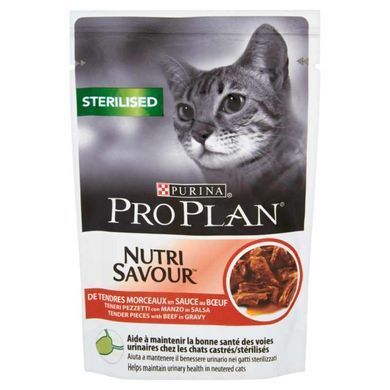 Purina Pro Plan (Пурина Про План) Sterilised Nutrisavour - Влажный корм с говядиной для стерилизованных кошек и кастрированных котов (кусочки в соусе) 85 г