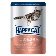 Happy Cat (Хеппі Кет) Консервований корм з яловичиною та птицею для котів, шматочки в соусі 100 г