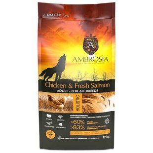 Ambrosia (Амброзия) Grain Free Dog Adult Chicken & Fresh Salmon - Сухой корм беззерновой с курицей и свежим лососем для взрослых собак, 12 кг