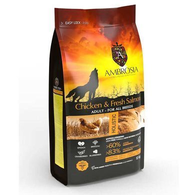 Ambrosia (Амброзія) Grain Free Dog Adult Chicken & Fresh Salmon - Сухий корм беззерновий з куркою та свіжим лососем для дорослих собак, 12 кг