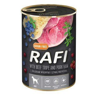 Rafi (Рафі) Dog with Beef Tripe and Pork Ham - Консервований корм з яловичими шлунками, шинкою, лохиною та журавлиною для дорослих собак (паштет), 400 г