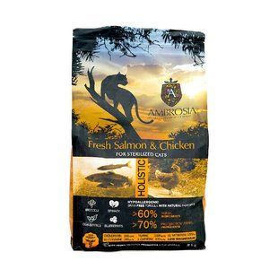 Ambrosia (Амброзия) Grain Free - Сухой беззерновой корм со свежим лососем и курицей для стерилизованных кошек, 5 кг