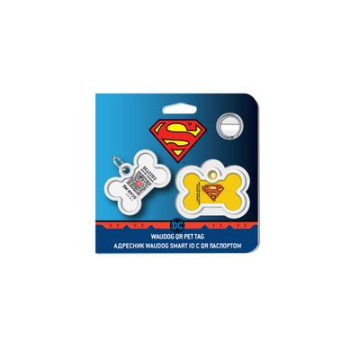Адресник для собак и котов металлический WAUDOG Smart ID c QR паспортом, рисунок "Супермен винтаж", кость, Д 40 мм, Ш 28 мм